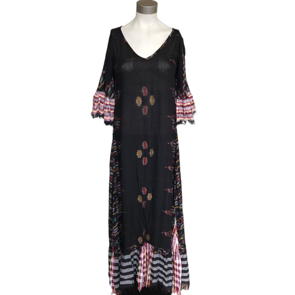 ERIKA PENA Tribal E Margarita Long Ikat maxi ruffle fringe black dress Sz XS NEW